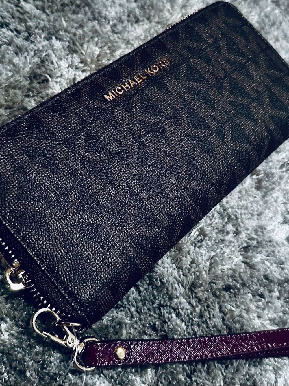Michael Kors Brown Monogram Burgundy Accented Leather Wallet Wristlet